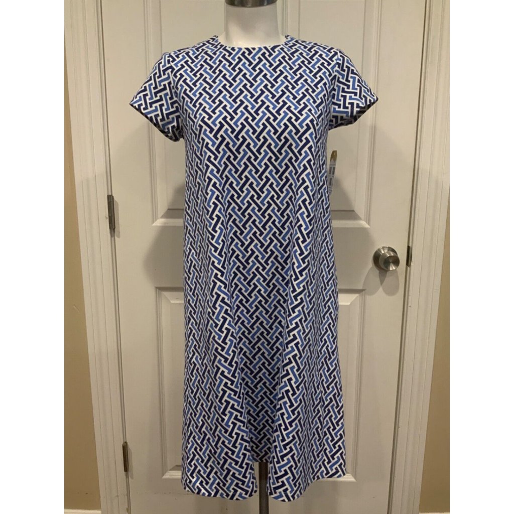 J. Mclaughlin Blue & White Geometric Trapeze Dress, Size Xs